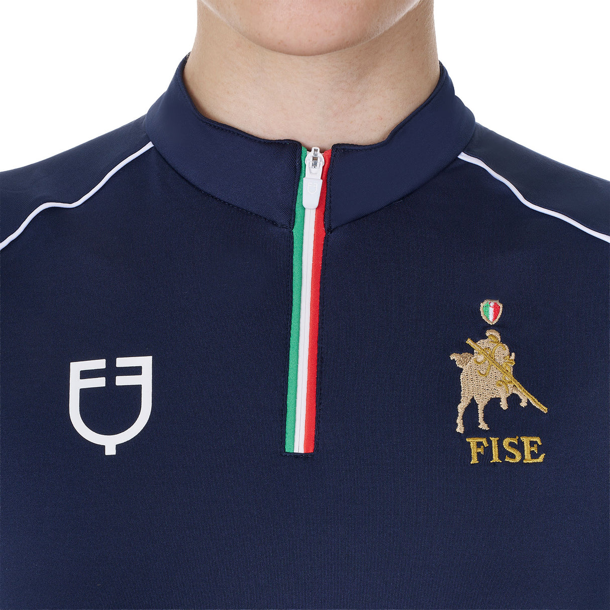 Polo donna da allenamento zip tricolore Equestro X FISE blu navy