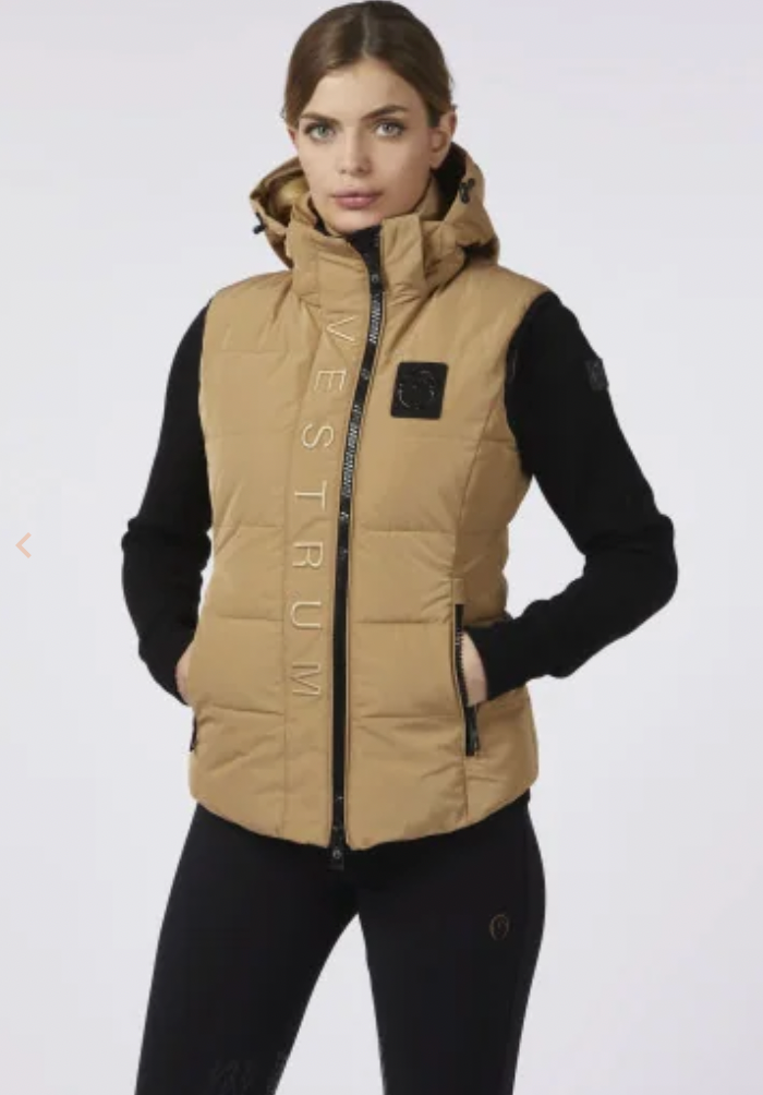 Gilet imbottito da donna con scritta Vestrum senape